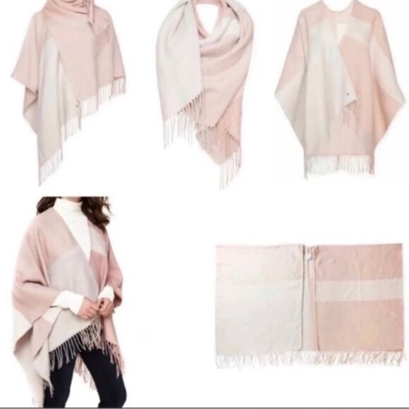 Soia & Kyo Mirel Woven Scarfigan Pink Beige Colorblock Fringe One Size Cozy Warm - Picture 3 of 13